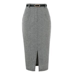 Women's Midi Pencil Skirt Fall Winter Slit Office Skirts with Belt Black White